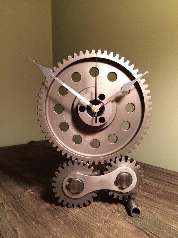 Hand crafted hot rod desk or mantle clock using repurposed engine/car parts. This is the "Gear Drive" clock. 