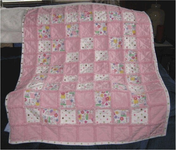 Baby Girl Rag Quilt with Border Pink White by GrandmaJenCrafts