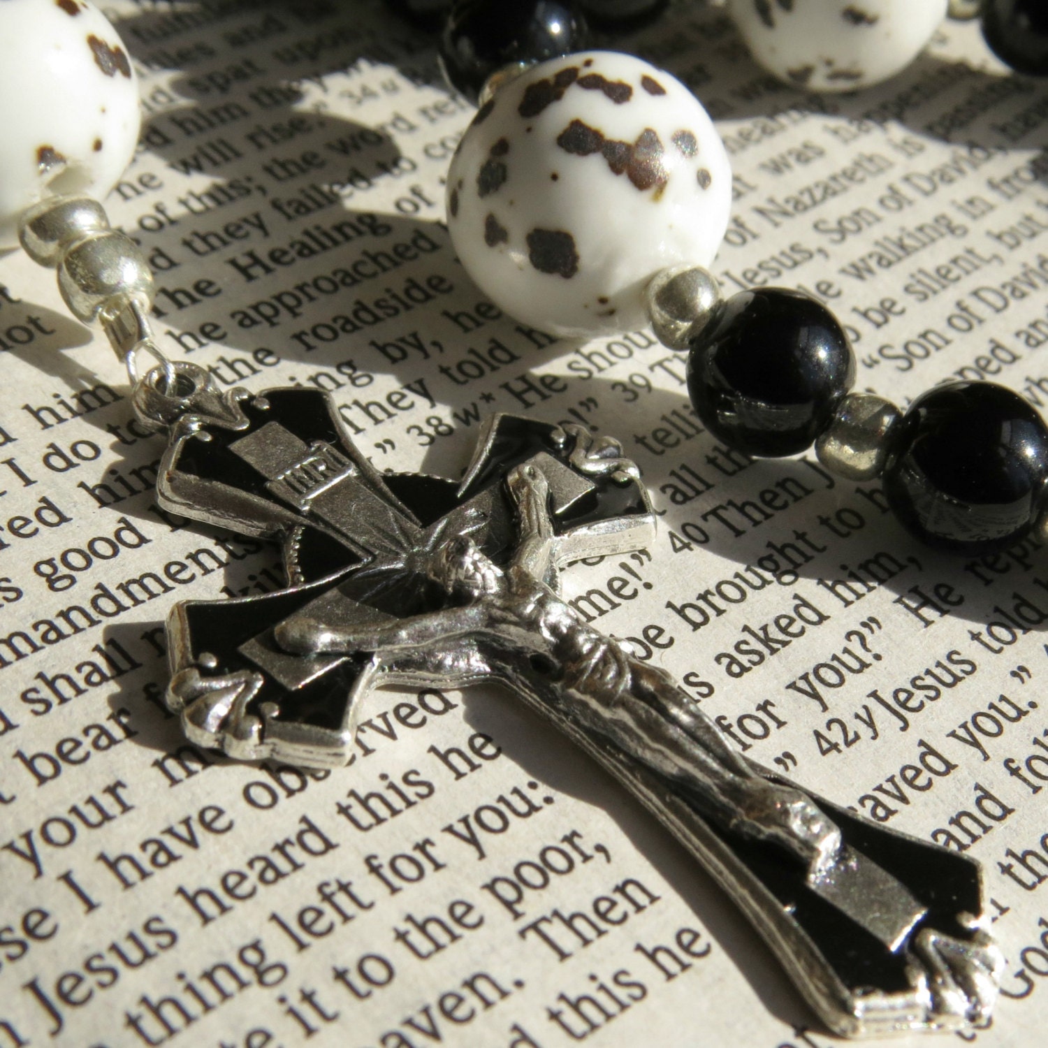 Silver Rosary Catholic Rosaries Black and White by AlwaysRosary