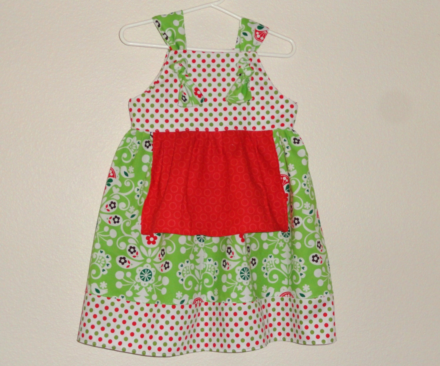 Girls Christmas Knot Dress Red Green Holiday Dots  Size 2 Ready to ship - Amievoltaire