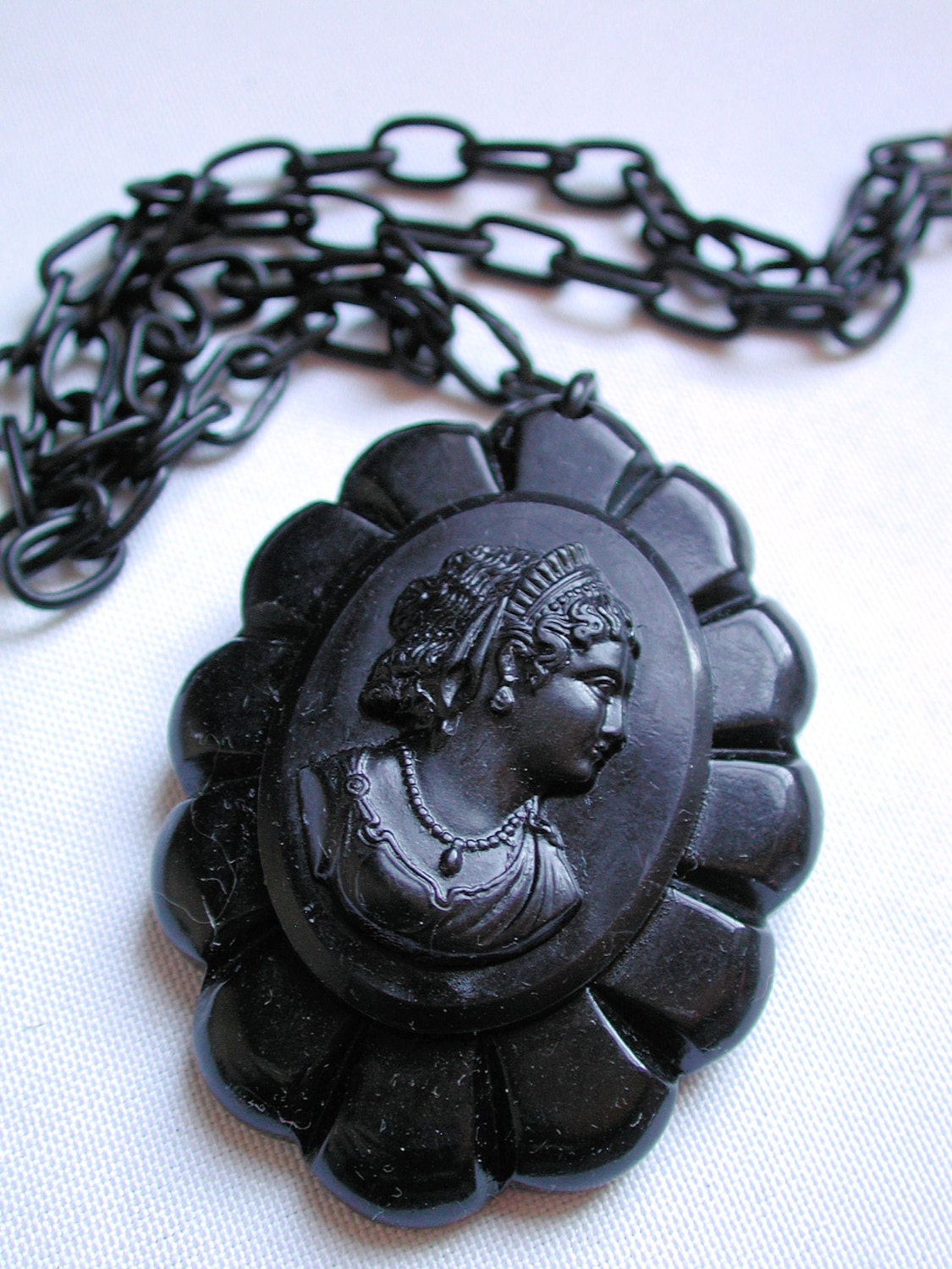 1930's Black Bakelite Cameo Necklace Celluloid Chain - MorningGlorious