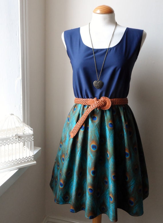 Reserved for Nuria ....Peacock Feather Dress / Beautiful Teal Peacock Navy Blue Contrast Dress / Peacock Dress...