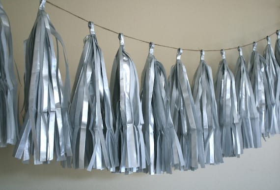 Shimmery Silver ... tissue paper tassel garland // wedding decorations // new years eve // nye // metallic gold Il_570xn
