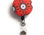 Fabric Covered Retractable Badge Reel Red White and Grey Patterned - MadebyMegToo
