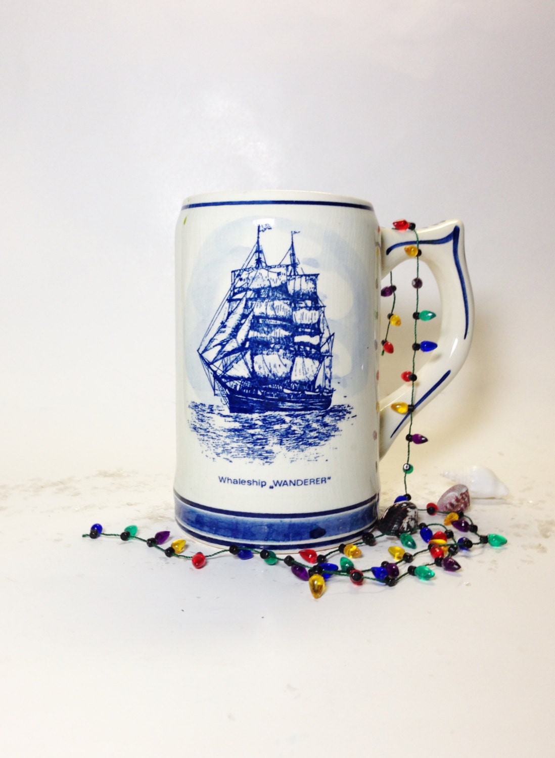 Vintage Blue Delft Mug Whale Hunt Tall Ship Scene, Nautical Collectible - northandsouthshabby