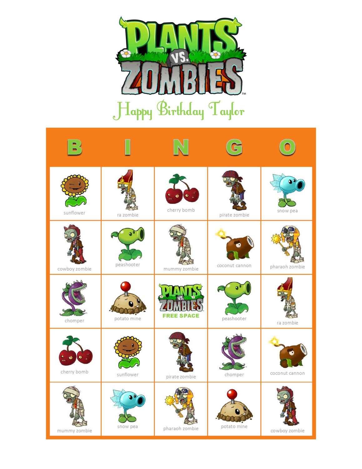 Plants vs Zombies Personalized Birthday Party Game Activity Bingo Cards Delivered by Email