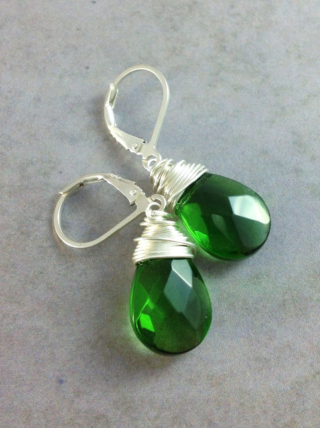Emerald green earrings. Sterling silver wire wrapped teardrops. Leverback earrings. Wire wrap jewelry. - GemsByKelley