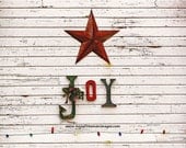 JOY! Art Print Gift Home Decor Barn Christmas Star Lights Holiday Seasonal Winter Red White Green Weathered Farm Photograph Paintography - AnneFreemanImages