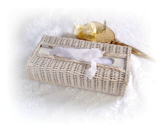 Vintage White Wicker Tissue Box Cover Kleenex by TheWhitePelican