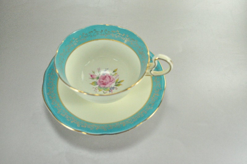 Aynsley Bone China Teal Blue Pink Rose Coffee Cup Saucer Gold Trim