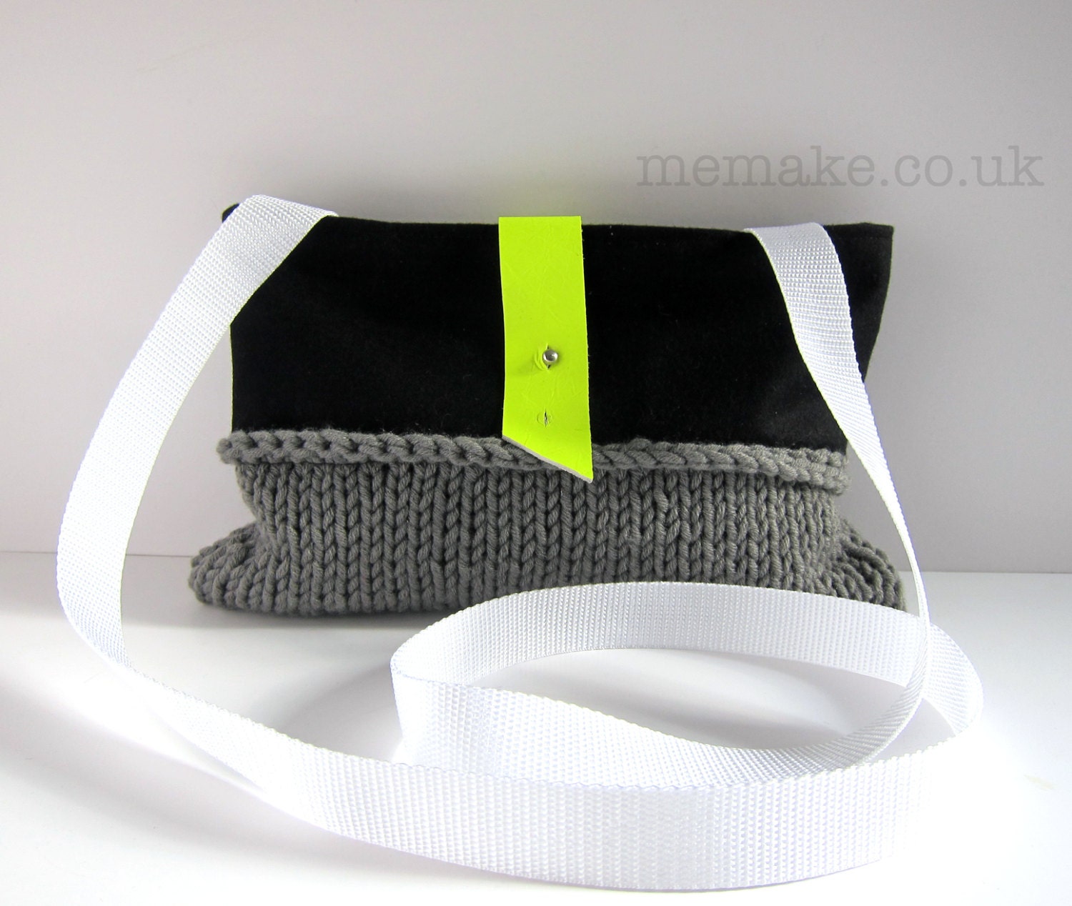 Cross body bag black wool grey knit purse neon yellow fluorescent ...