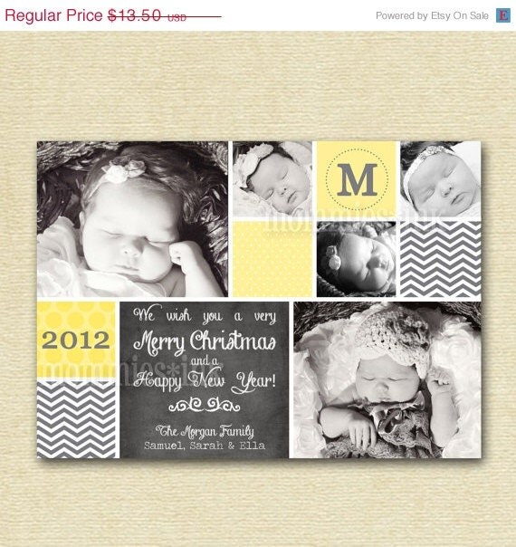 HOLIDAY SALE 10% off 5 Photo Gray Chevron Yellow Polka Dot and Chalkboard Holiday Christmas Card - PRINTABLE Card Design Il_570xn