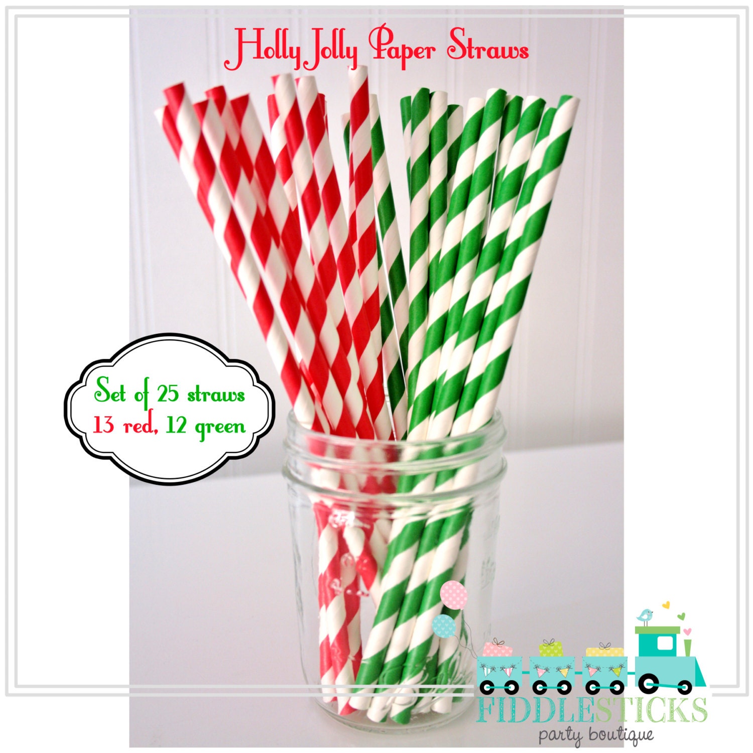 25 Striped Paper Straws, Holly Jolly, Party Straws, Party Favors, Red Straws, Green Straws - FiddleSticksBoutique