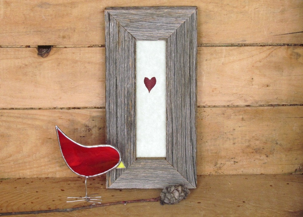 Red Heart Leaf in Handmade Reclaimed Barnboard Wood and Upcycled Glass Frame, OOAK Valentine - SNLCreations