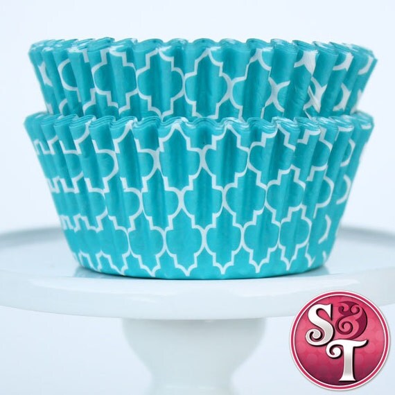 Aqua Blue GREASEPROOF Quatrefoil Baking Cups Cupcake Liners - Quantity 50 Il_570xn