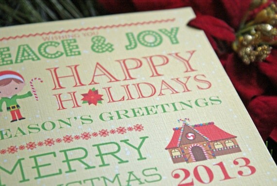 Printed festive Christmas / Holiday typography folded card - Set of 10 5x7 linen card Il_570xn