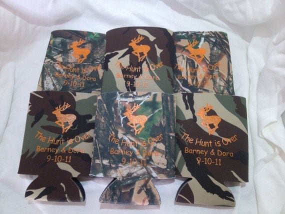 The Hunt is Over Camo Wedding Koozies Personalized lot of 100 custom can party favor 1631