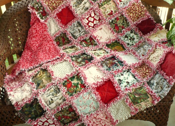 Cozy Christmas Rag Quilt -Red Bird Sampler Cabin in the Woods Lap Throw