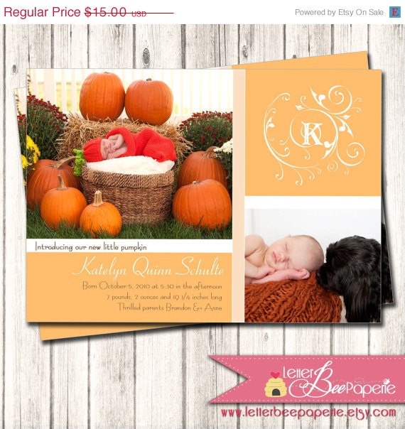 ON SALE Little Pumpkin Custom Photo Birth Announcement for Baby Girl or Boy - DIY Printable Card - Choose Your Colors - Fall / Autumn - New Il_570xn