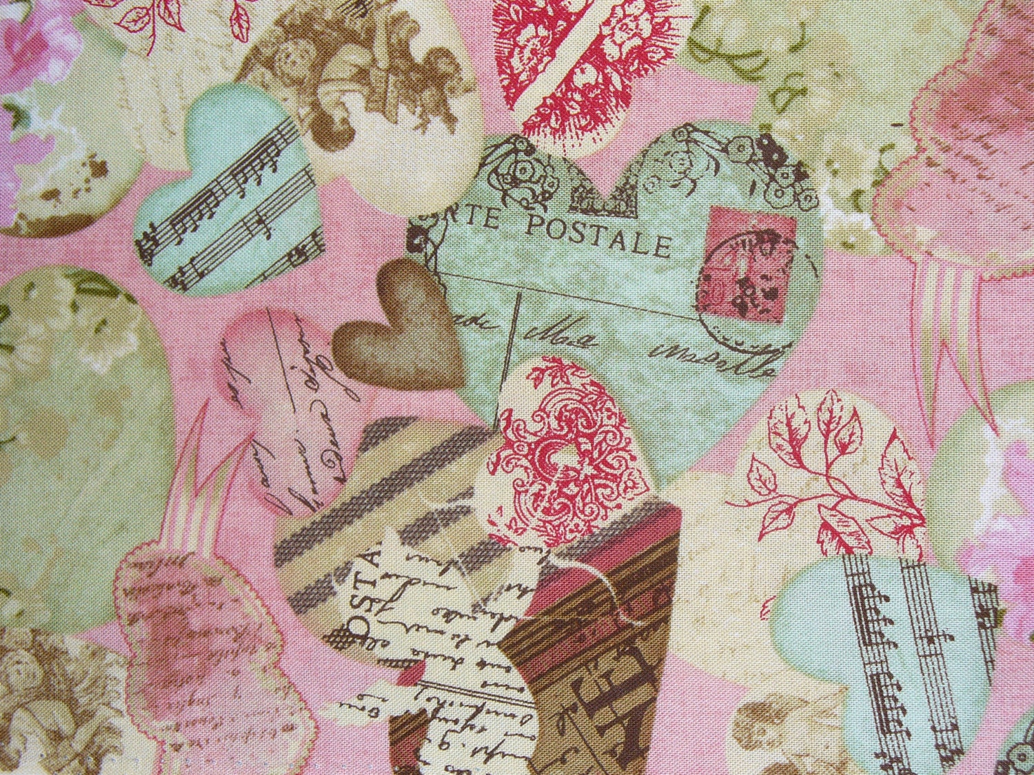 / Hearts  Letters, Vintage Fabric Cupid, cupid  Style Valentine fabric vintage Love