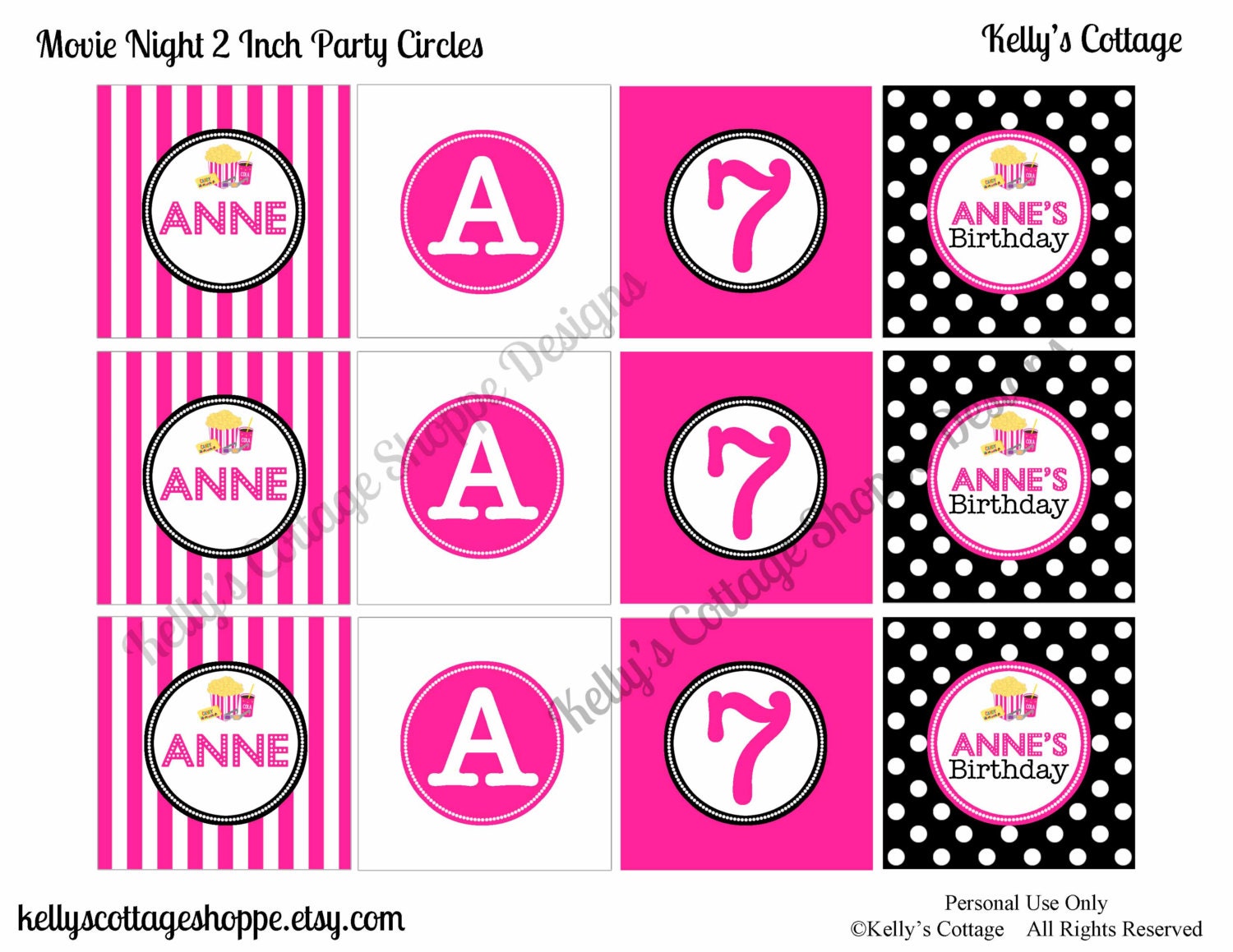 Movie Night Birthday Custom Party 2 Inch Party Circles + BONUS Theme 2 Inch Party Circles and Cupcake Wrappers Il_570xn