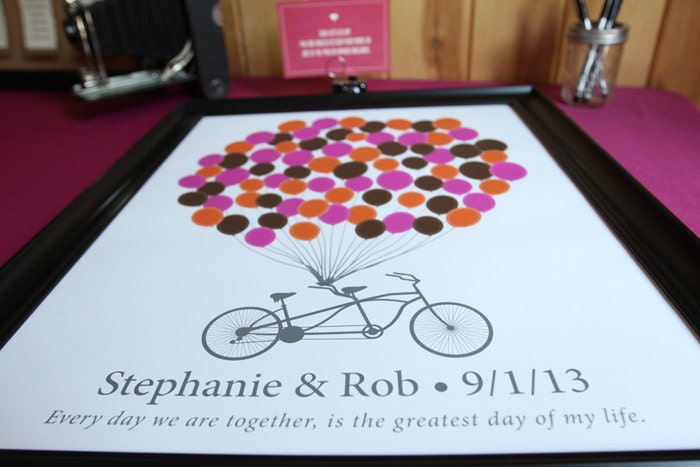 Wedding Fingerprint Guest Book - The Signature Bikewik - A Peachwik Personalized Art Print - 75 guest sign in - Balloons & Bike Guestbook