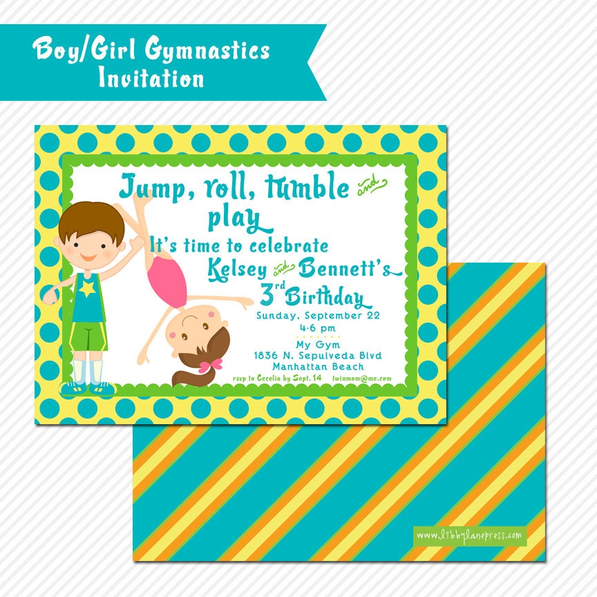 GYMNASTICS BIRTHDAY Party Invitation, TWINS, Blue/Yellow/Green, Printable by Libby Lane Press Il_570xn