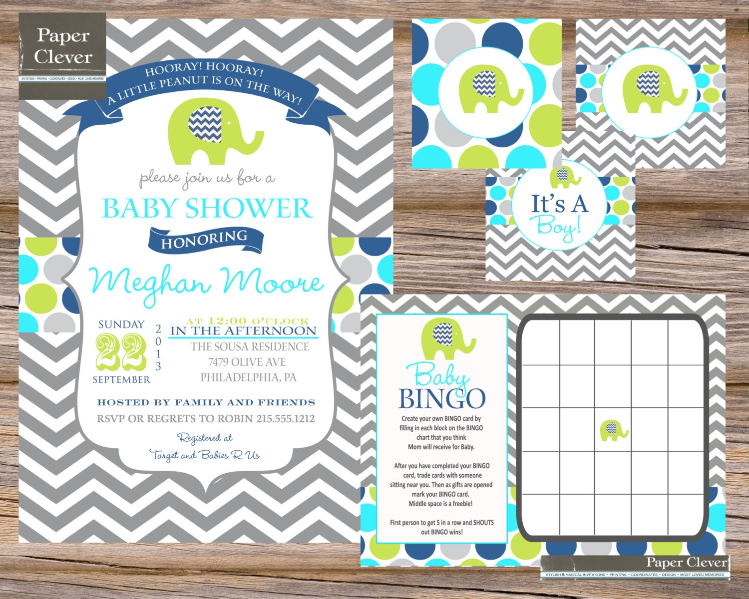 Modern Elephant Baby Shower Invitation party kit - digital file #704 Il_570xn