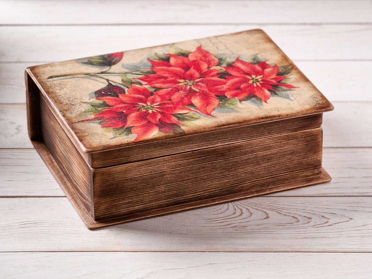 Items similar to Wooden Book Shaped Box Christmas Poinsettias Jewelry Keepsake Photo Box Old ...