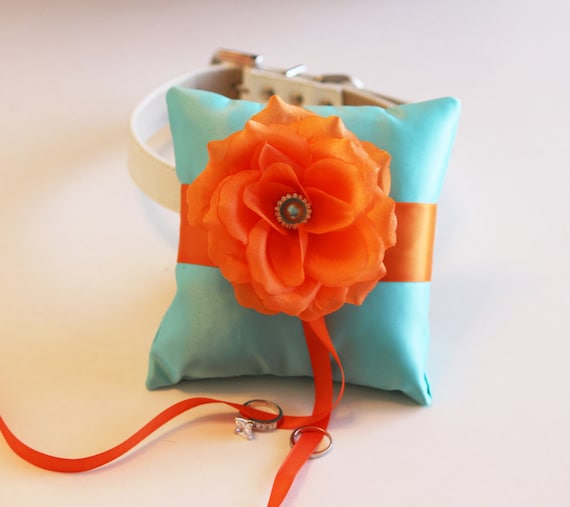 Aqua blue Orange Ring Pillow, Ring Pillow attach to the High quality Leather Collar, Ring Bearer Pillow, Pet wedding accessory
