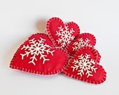 Set of 4 Christmas Hanging Fabric Love Heart with Snowflake in Red and White,Winter Hearts Ornament, Wedding Favor, Christmas Red Hearts