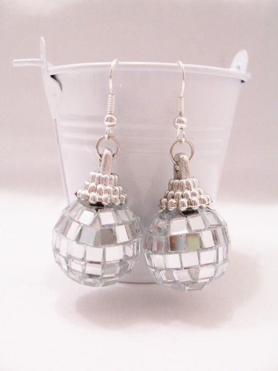 Silver mini mirror/disco ball earrings glass by