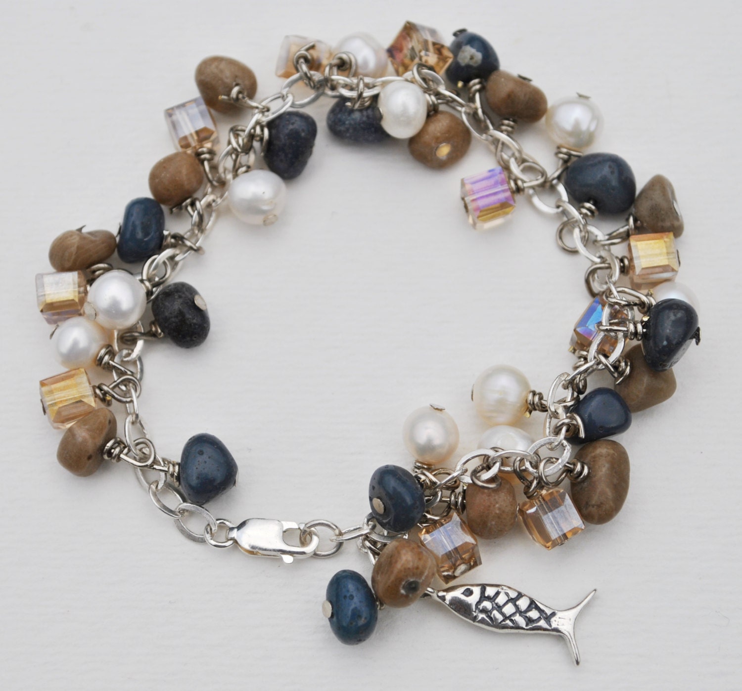 Sterling Silver Bracelet of Petoskey, Leland Blue Stones, and freshwater pearls, Lake Michigan Bracelet, Petoskey charm bracelet - Beechtree