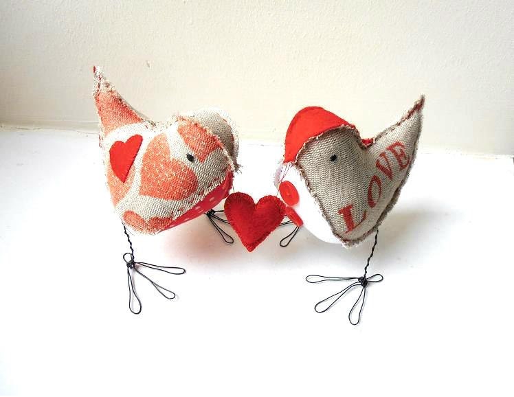 Love Birds fabric stuffed figurines Valentine's gift soft sculptures rustic linen red gray white