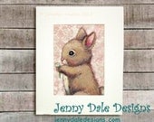 Bunny and Clover: Vintage Inspired, Woodland Themed, hand signed art print with pink background - JennyDaleDesigns