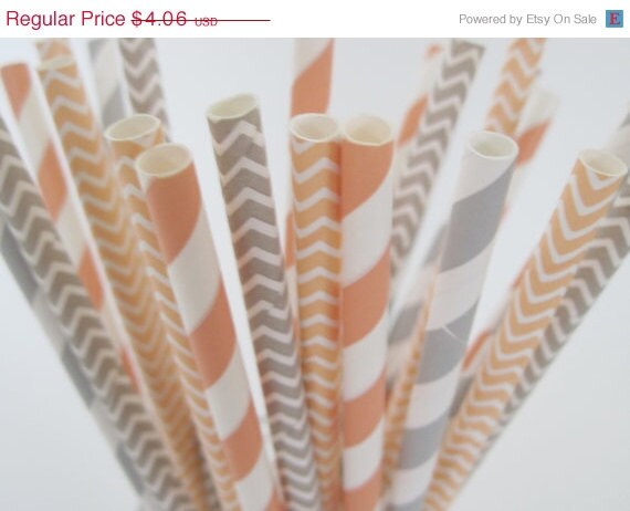 Cyber Week SALE 10% OFF 25 Peach and Grey Stripe and Chevron Paper Straw Mix - ships less than 24 hours Il_570xn