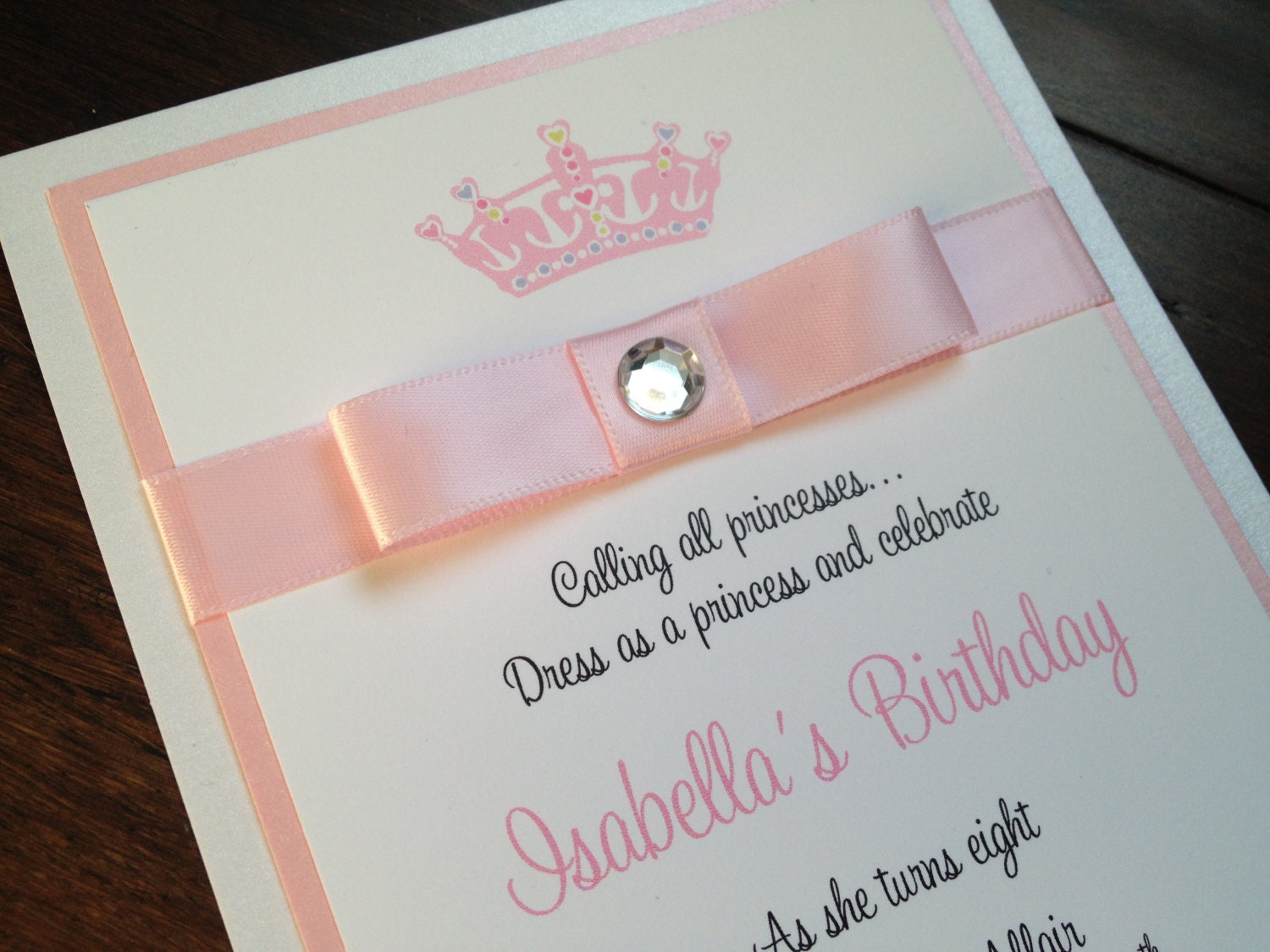 Crown Invitation, Princess Party, Birthday Party, Pink and White, Bow, Jewel Embellishment - Crown