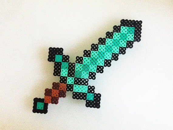 Minecraft Diamond Sword Made With Perler By CreativeKidShoppe Minecraft Diamond Sword Made With Perler By CreativeKidShoppe