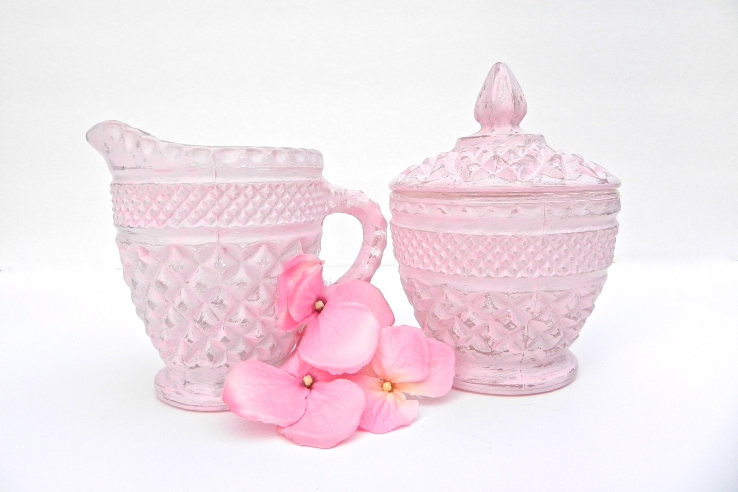 Shabby Chic Pink Sugar and Creamer Set, Glass Painted Sugar Creamer Set - GlassCastle2