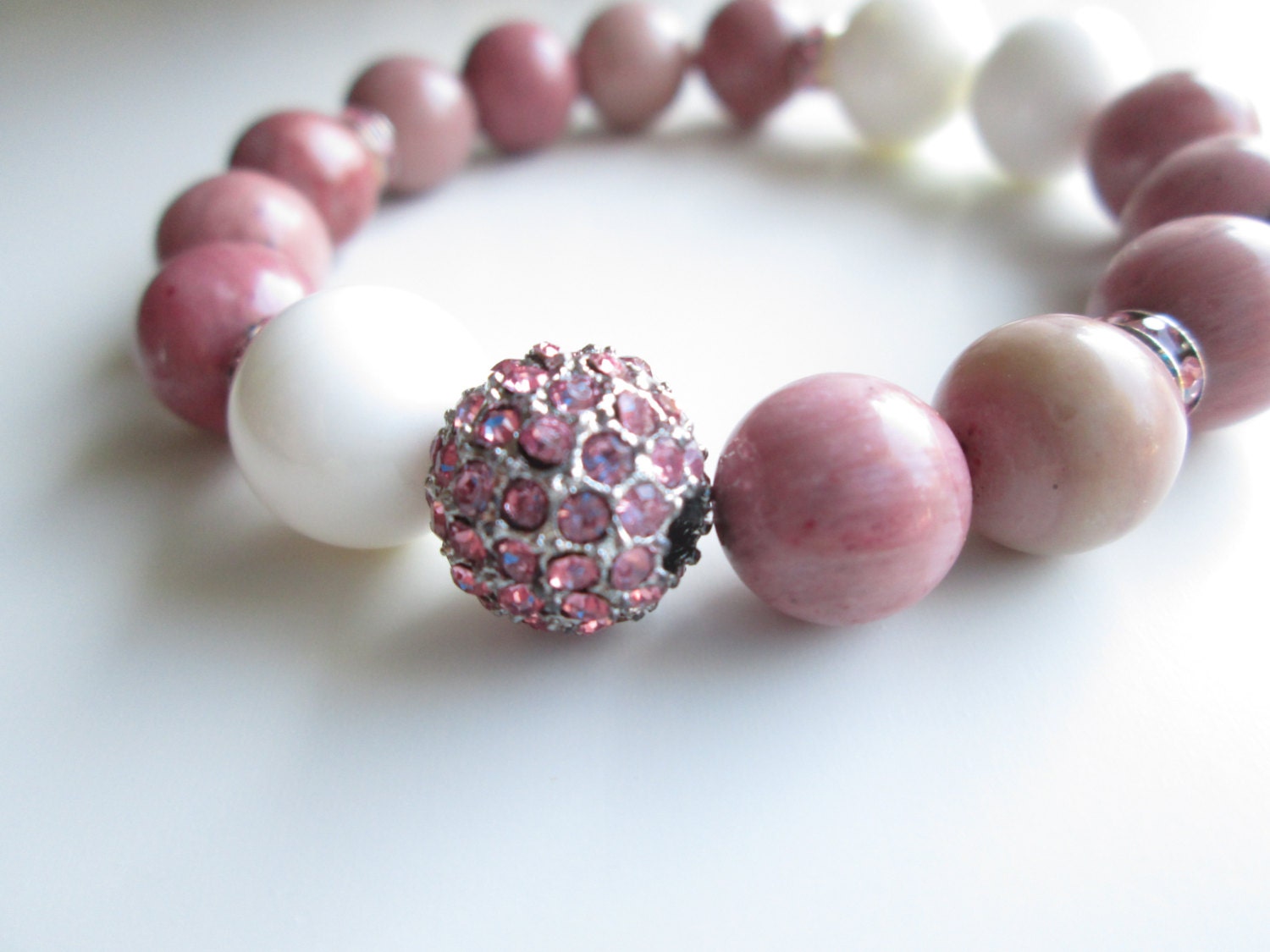 Natural Rhodonite Bracelet with Crystal Pink Fireball. Adorable Pink Bracelet. Valentine's Day Gift - AprilgemJewelry