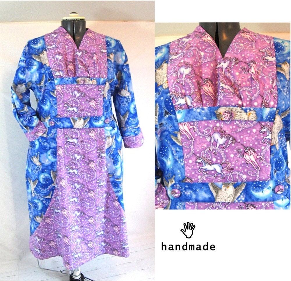 halloween costume, plus size, magical, unicorn + owl cotton prints, Slimuette Dress, long sleeve dress, handmade -- 51B-44W-58H