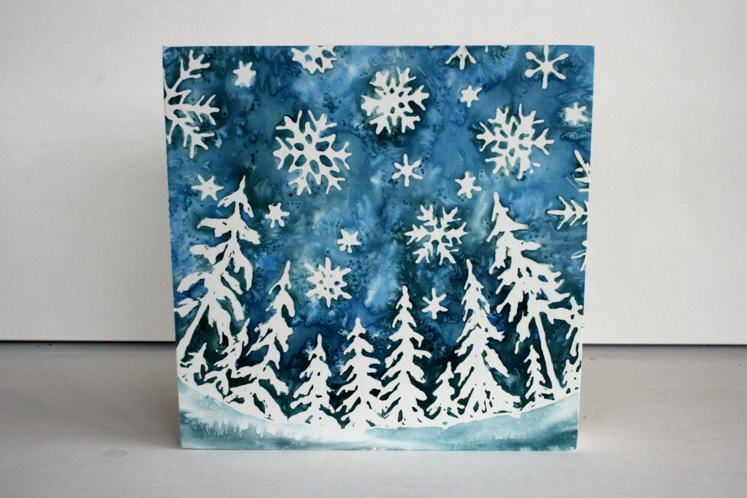 Snowy Skies  - Original Silk Painting  on Wood 10 X 10 - TwigsandBlossoms