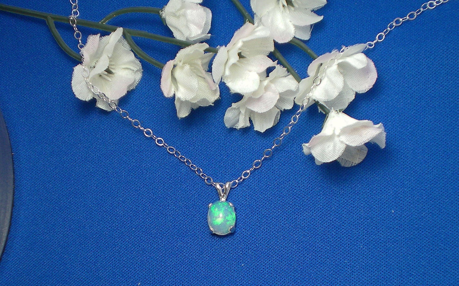 Blue Opal Necklace, Finished Sterling Silver chain Necklace, Natural Ethiopian Fire Opal, Opal 7 x 10 mm