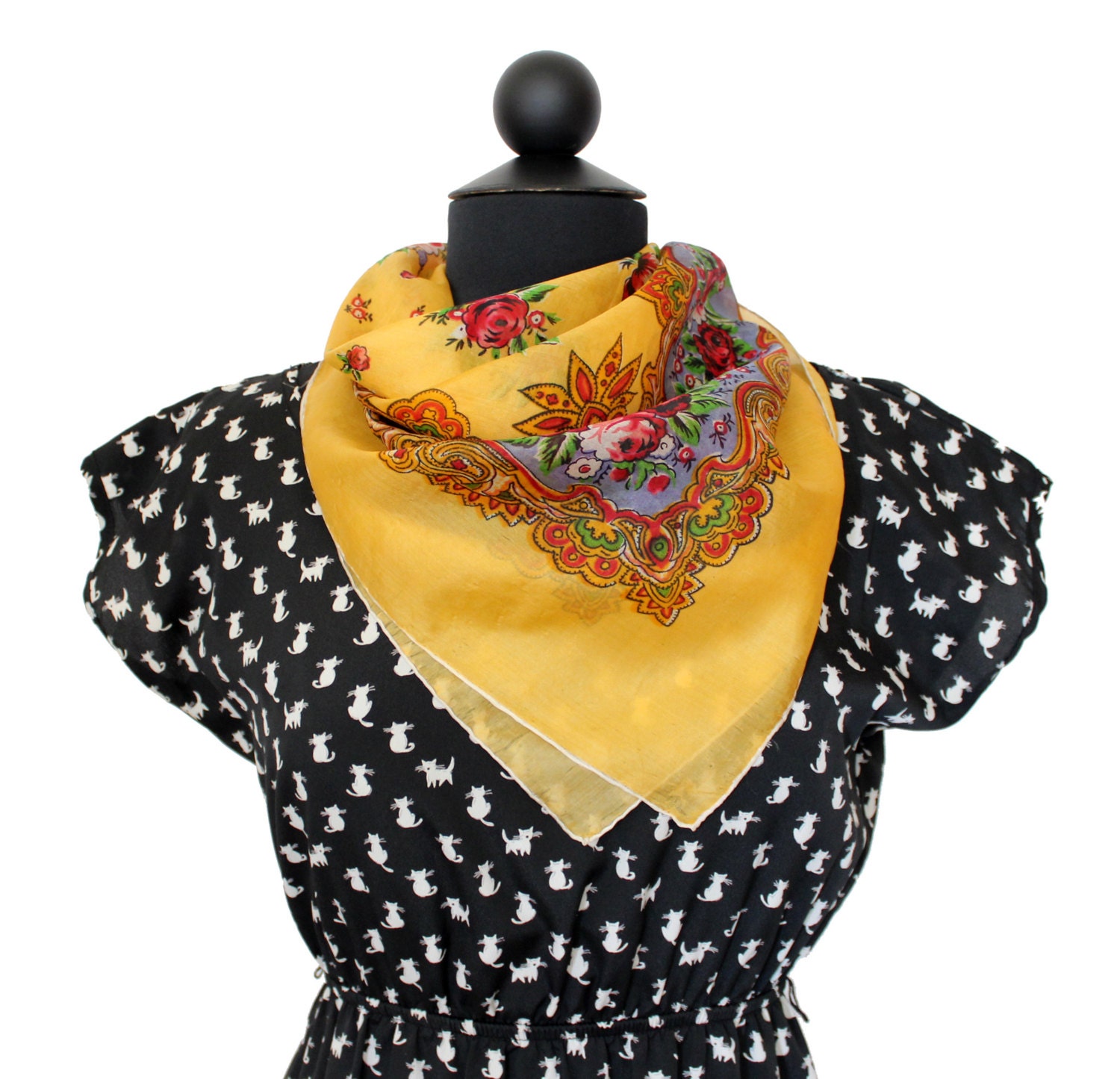 Vintage Scarf / Silk / Yellow / Floral / Head by ManhattanHippy