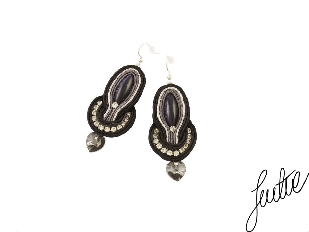 Black, sparkle handcrafted earrings, sterling silver earwires, soutache black jewelry - JustineWorld Black, sparkle handcrafted earrings, sterling silver earwires, soutache black jewelry - JustineWorld