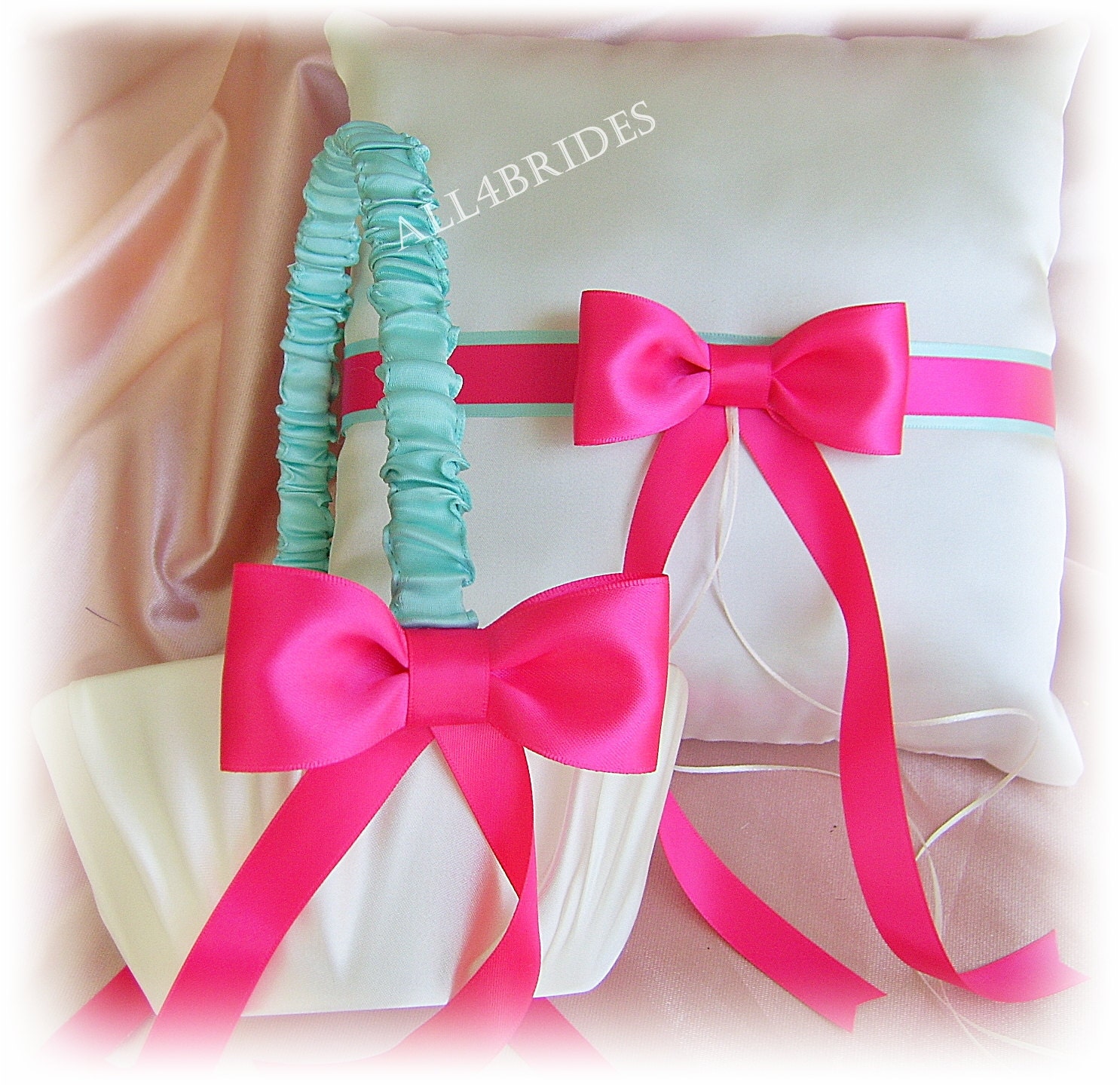 Weddings ring pillows and baskets, Hot Pink and Aqua ring bearer pillow and flower girl basket