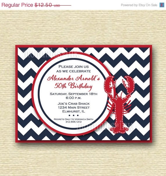 10% Off Holiday Sale Preppy Chevron Lobster Birthday Party Invitation - Navy Blue and Red - PRINTABLE INVITATION DESIGN Il_570xn