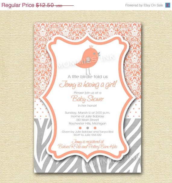 10% Off Holiday Sale Coral and Gray Little Birdie Custom Baby Shower Invitation - PRINTABLE INVITATION DESIGN Il_570xn