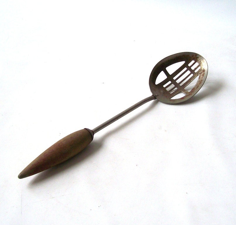 vintage slotted spoon serving red wood handle kitchenware kitchen