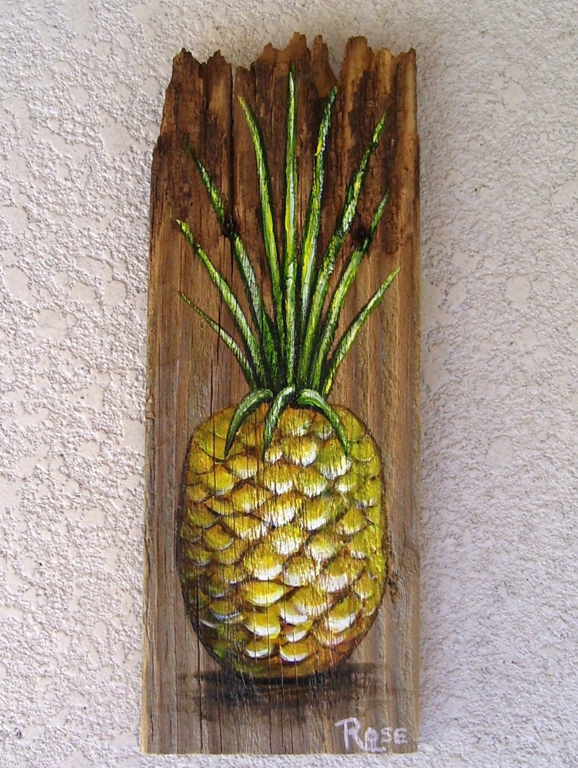 Pineapple on Reclaimed Wood Fence Board Hand by roseartworks